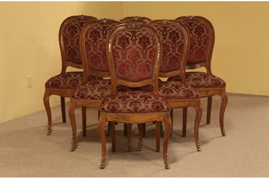 Photo of Set of 6 Carved Walnut Dining Chairs, Bronze Mounts