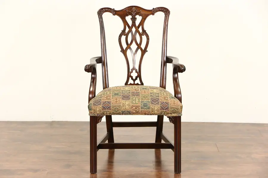 Photo of Georgian Chippendale Vintage Carved Desk Chair with Arms, New Upholstery