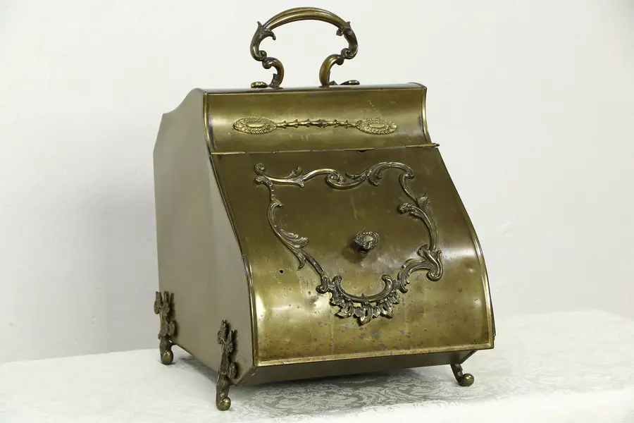 Photo of French Antique 1880 Brass Fireplace Coal Hod or Hopper, Tin Liner