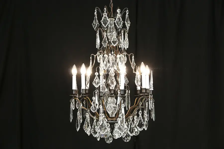 Photo of Patinated Brass 8 Candle Antique 1890's Chandelier, Electrified, Crystal Prisms