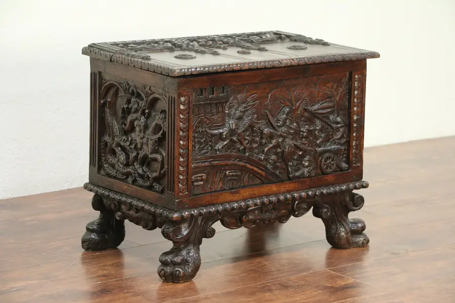Photo of Miniature Carved Antique Cassone Dowry or Jewelry Chest or Trunk, Italy
