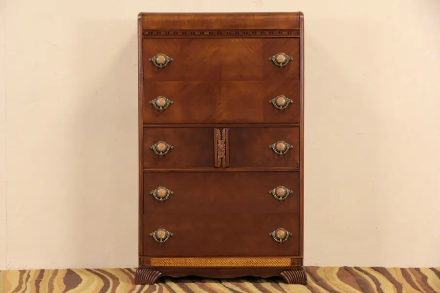 Photo of Art Deco Waterfall 1930's Vintage Tall Chest or Dresser, Bakelite Pulls