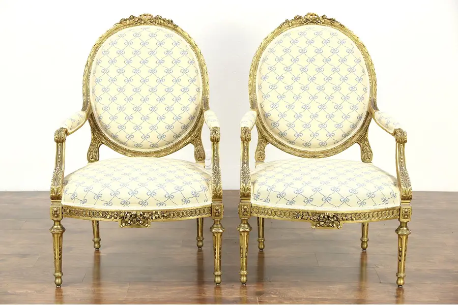 Photo of Pair of Carved Burnished Gold Louis XVI French Style Large Vintage Chairs