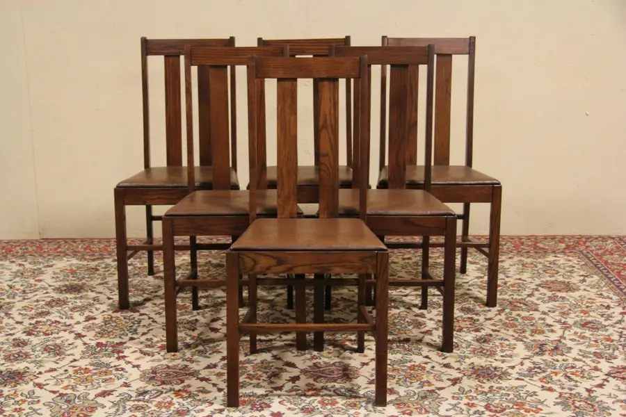 Photo of Set of 6 Arts & Crafts Mission Oak 1910 Dining Chairs, Original Leather
