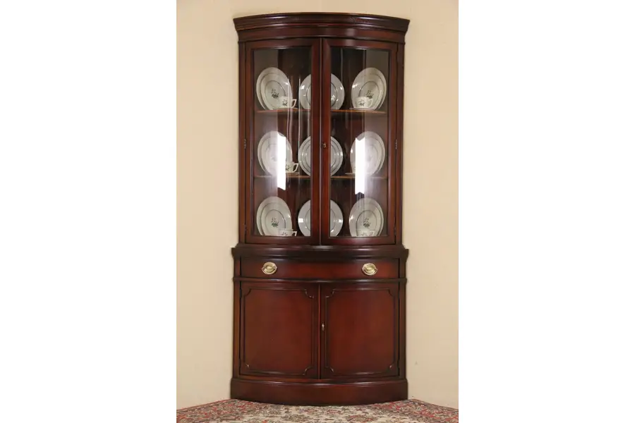 Photo of Drexel Travis Court Mahogany 1950's Vintage Curved Glass Corner Cabinet