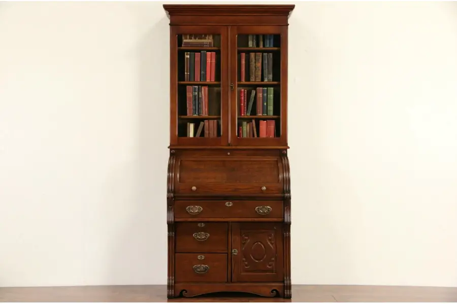 Photo of Oak 1895 Antique Cylinder Roll Top Secretary Desk & Bookcase