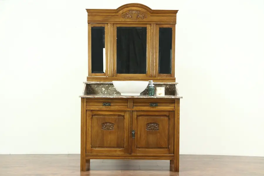 Photo of Oak & Marble Top Antique Washstand, Bar, Vessel Sink Vanity, Beveled Mirrors