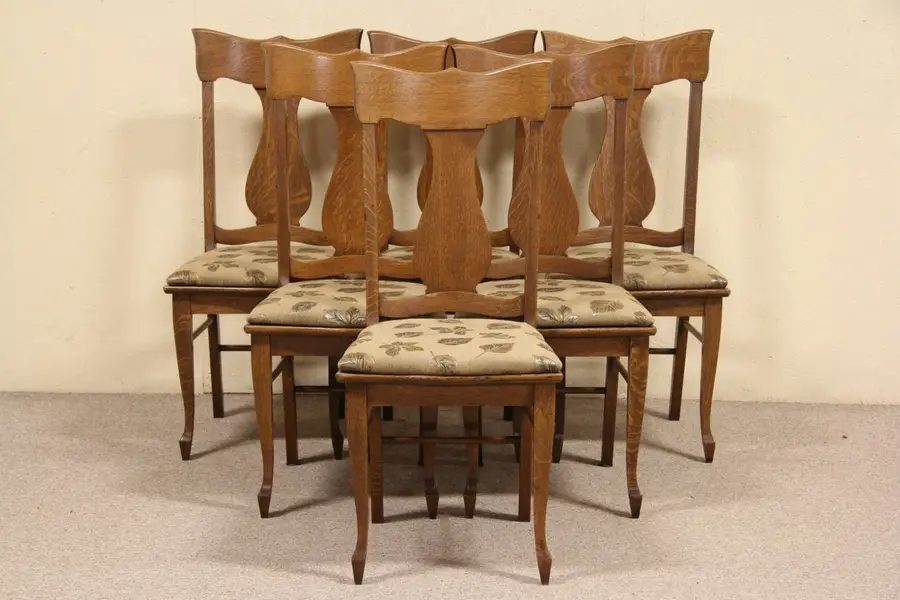 Photo of Set of 6 Oak Antique 1900 Upholstered Dining Chairs