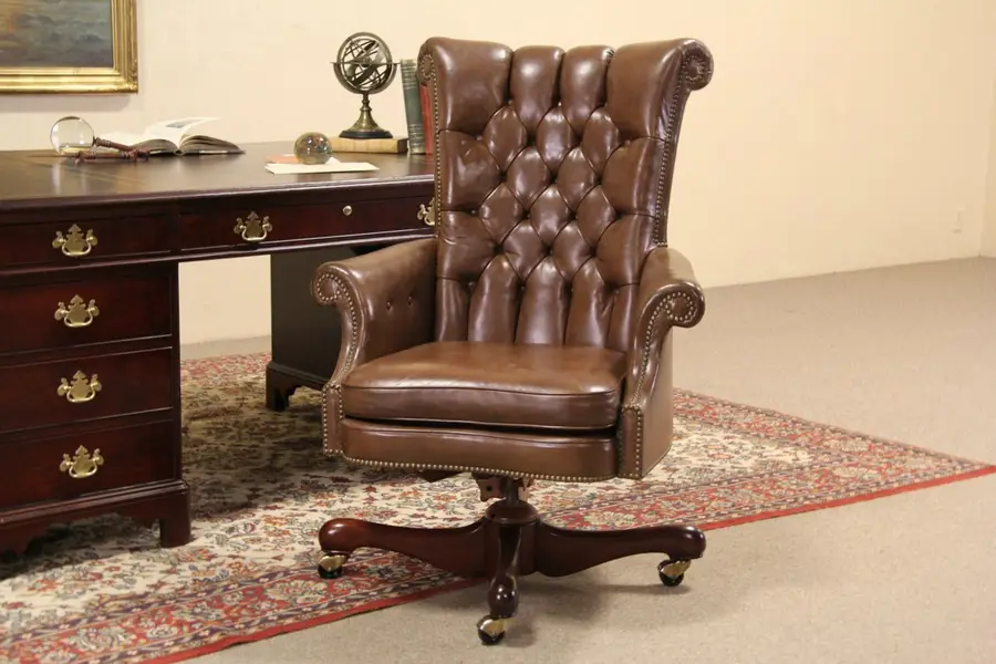 Photo of Kittinger Mahogany Executive Vintage Leather Swivel Adjustable Desk Chair