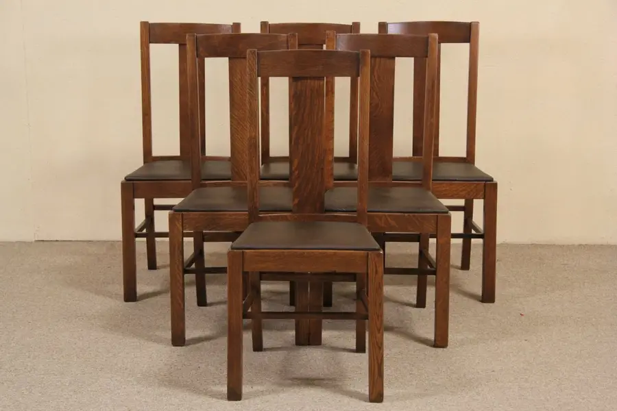 Photo of Set of 6 Arts & Crafts Mission Oak 1905 Antique Dining Chairs, Original Leather