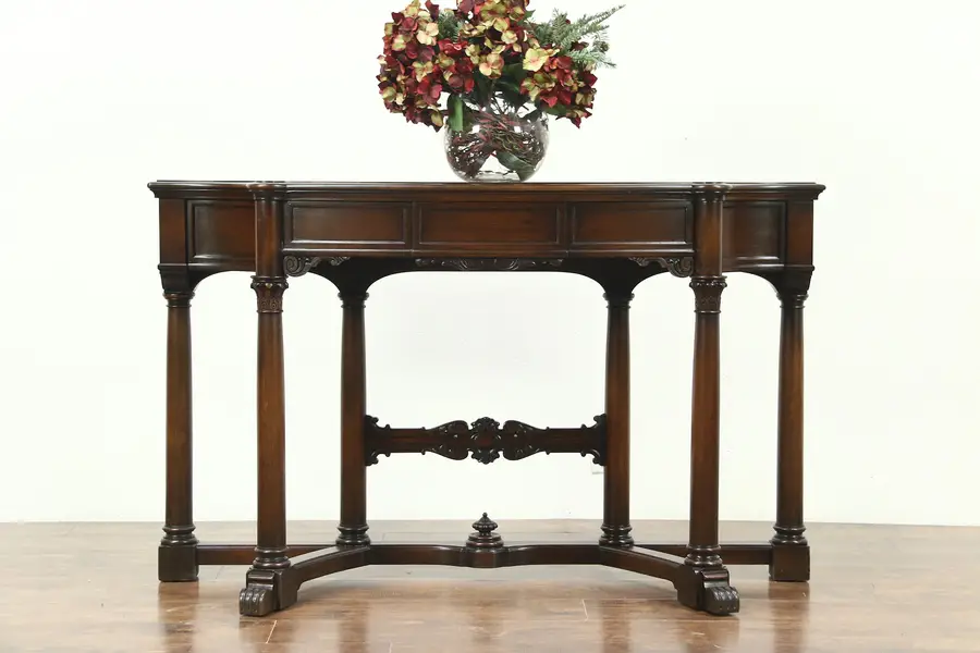 Photo of Classical Walnut Hall Console Table, 1940 Vintage Signed Karpen, Carved Columns
