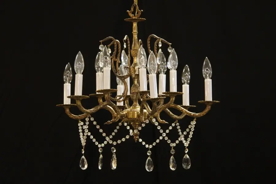 Photo of 12 Candle Brass Chandelier with European Prisms
