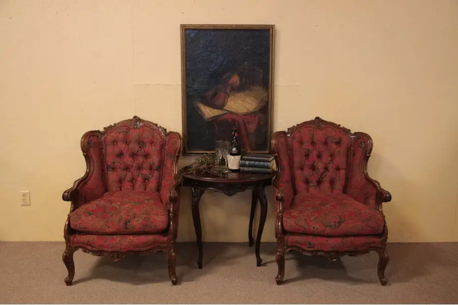 Photo of Pair of Carved French Wing Chairs, Down Cushions