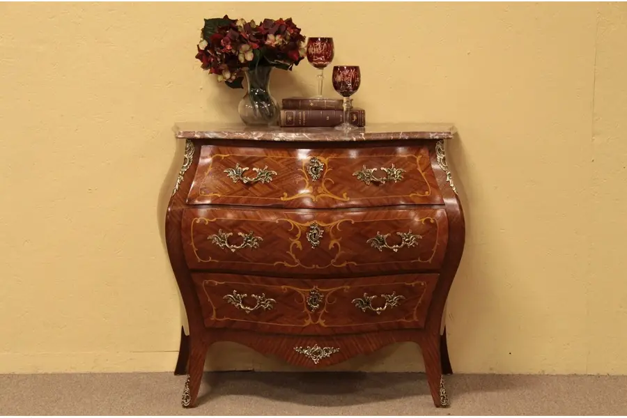Photo of Marquetry Marble Top Bombe 3 Drawer Chest