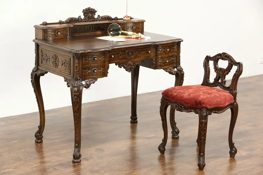 Photo of French Style Antique Carved Writing Desk & Chair Set, New Upholstery