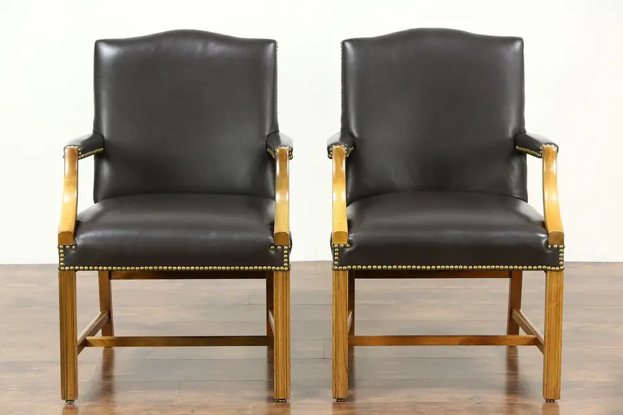 Photo of Pair of Leather Office or Library Chairs with Arms, Signed Taylor, Vintage