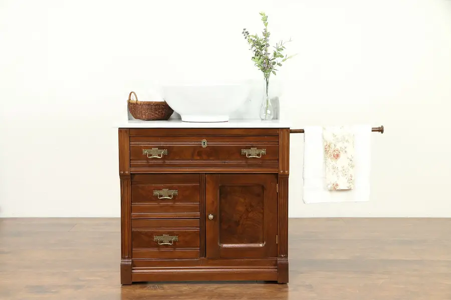 Photo of Victorian Eastlake Antique Walnut Chest, Sink Vanity, Server Bar, Marble