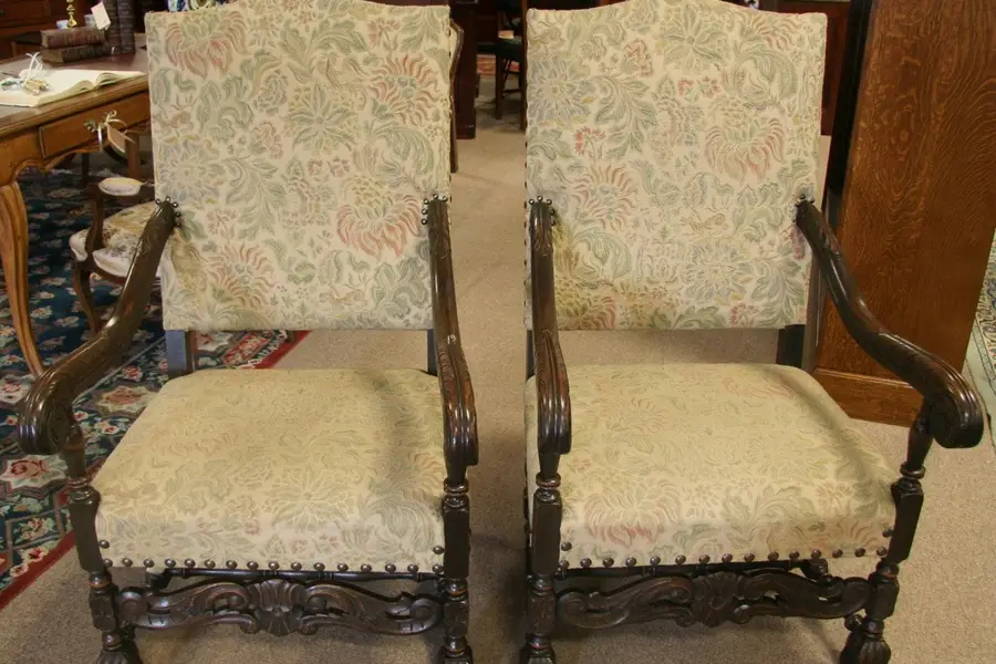 Photo of Pair of Carved Throne or Hall Chairs in Tapestry
