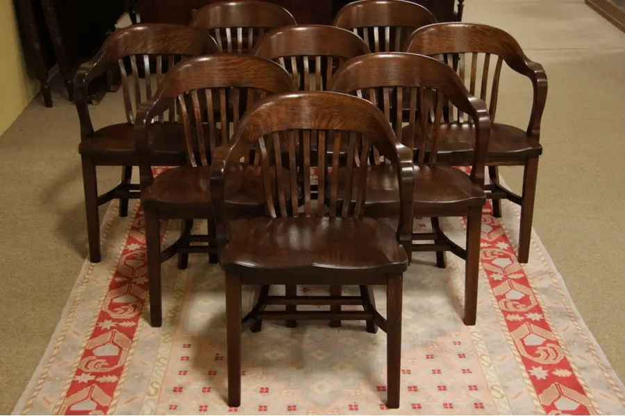 Photo of Set of 8 Oak Antique 1900's "Bankers" Armchairs