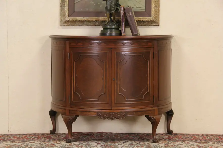Photo of Walnut Demilune Half Round 1930's Vintage Console Cabinet