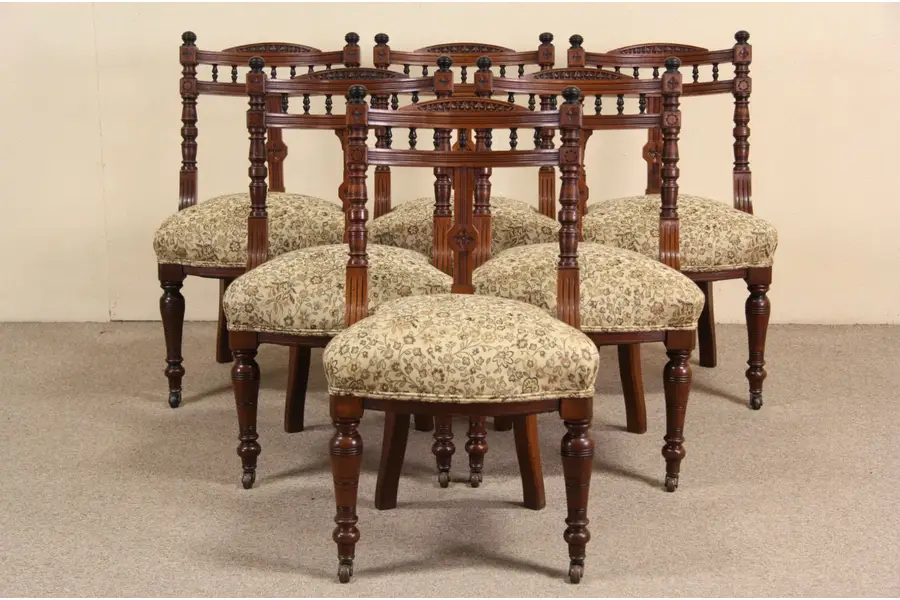 Photo of Set of 6 English Victorian 1870's Antique Dining Chairs, New Upholstery