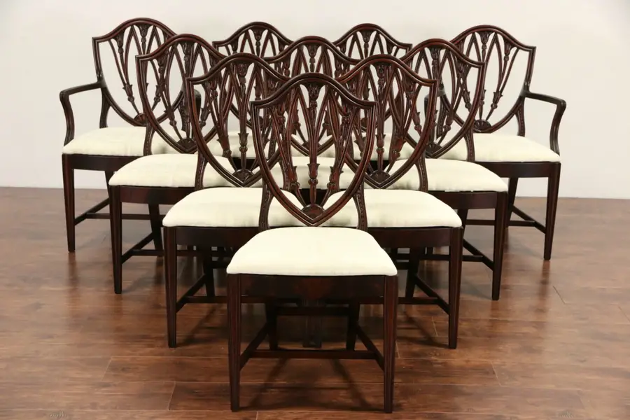 Photo of Set of 10 Shield Back 1940 Vintage Mahogany Dining Chairs, New Upholstery