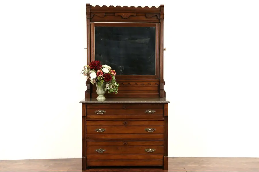 Photo of Victorian Eastlake Marble Top 1885 Antique Walnut Chest or Dresser