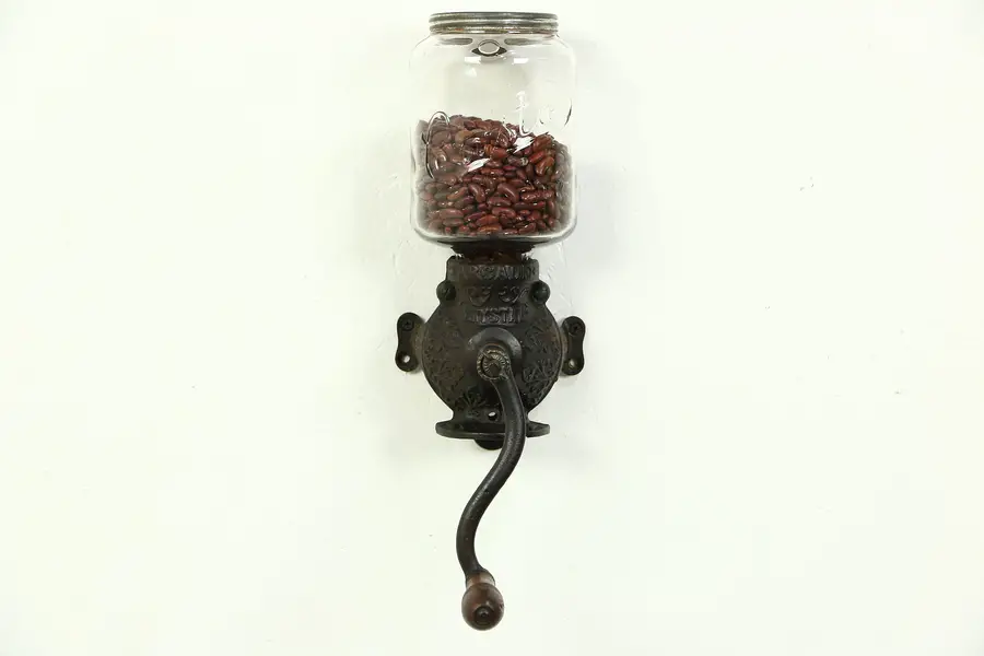 Photo of Arcade Crystal No. 3 Signed Wall Mount Coffee Grinder, Original Glass Jar