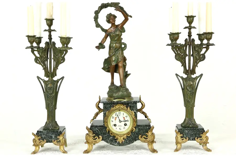Photo of French Antique 1890's Signed Mantel Clock Set, Marble, Sculpture & Candelabra