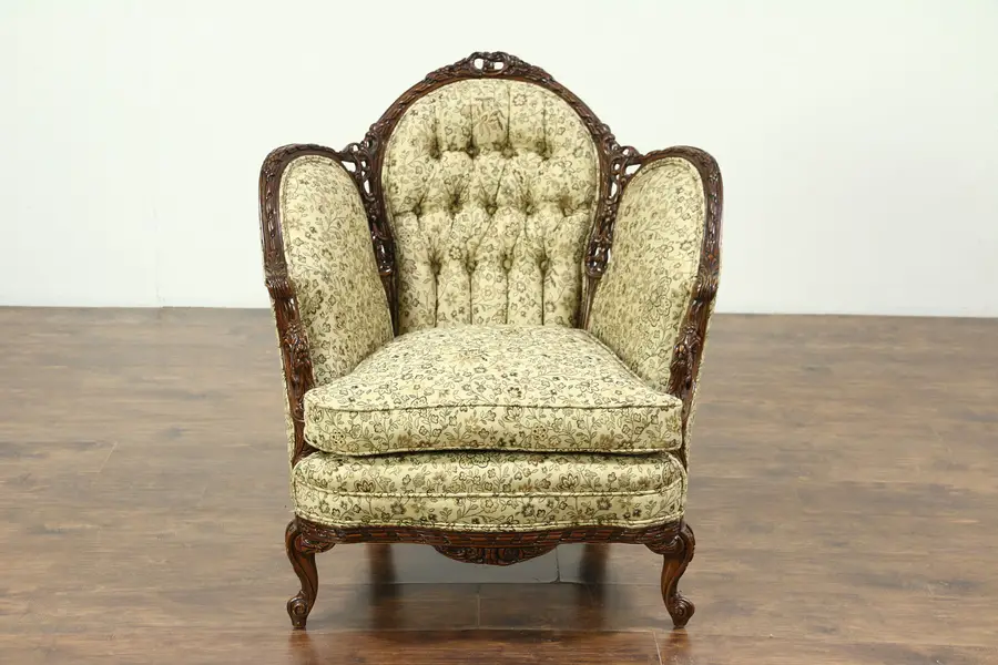 Photo of French Style Carved 1930's Vintage Chair, New Tufted Upholstery