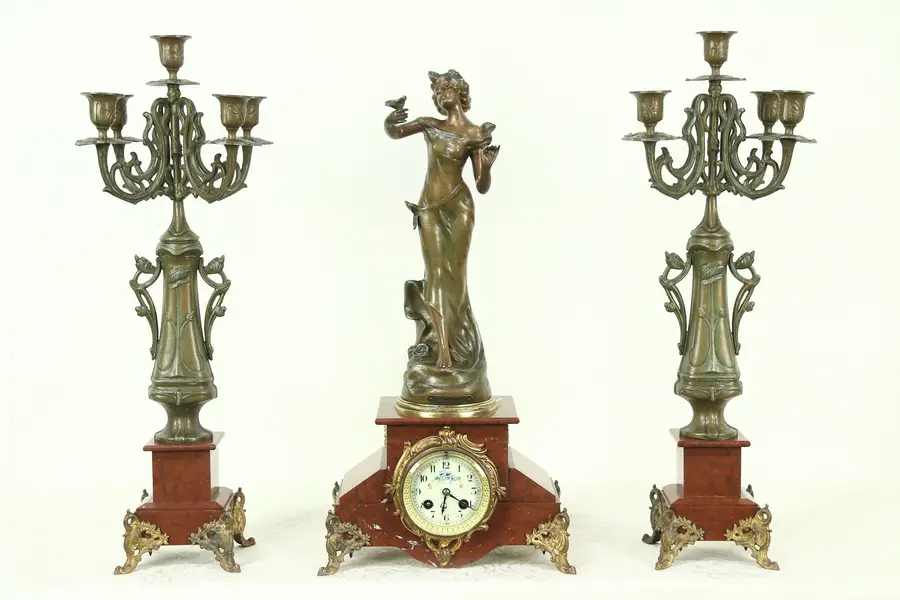 Photo of Art Nouveau Antique 3 Pc Marble Mantel Clock Set, Signed Causse Cadet