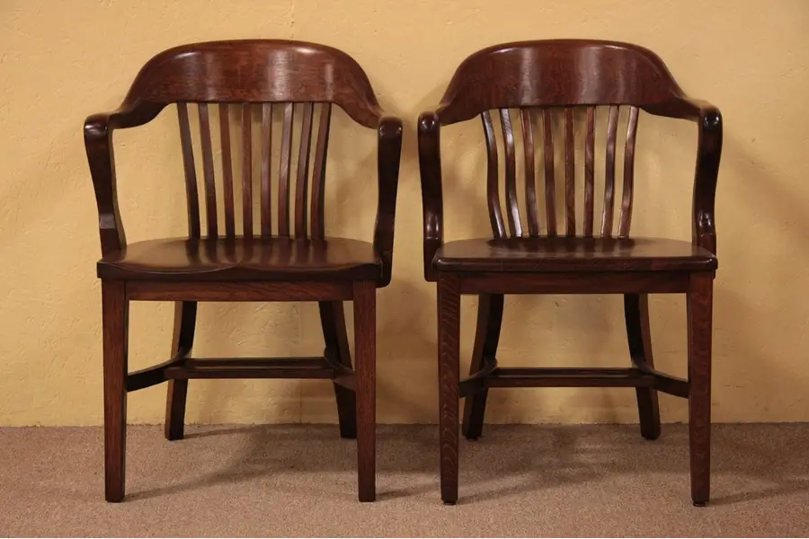 Photo of Pair of Oak Antique 1910 Banker's Armchairs