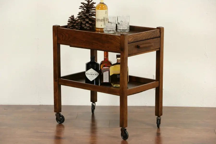 Photo of Arts & Crafts Mission Oak 1910 Antique Tea or Beverage Trolley, Dessert Cart