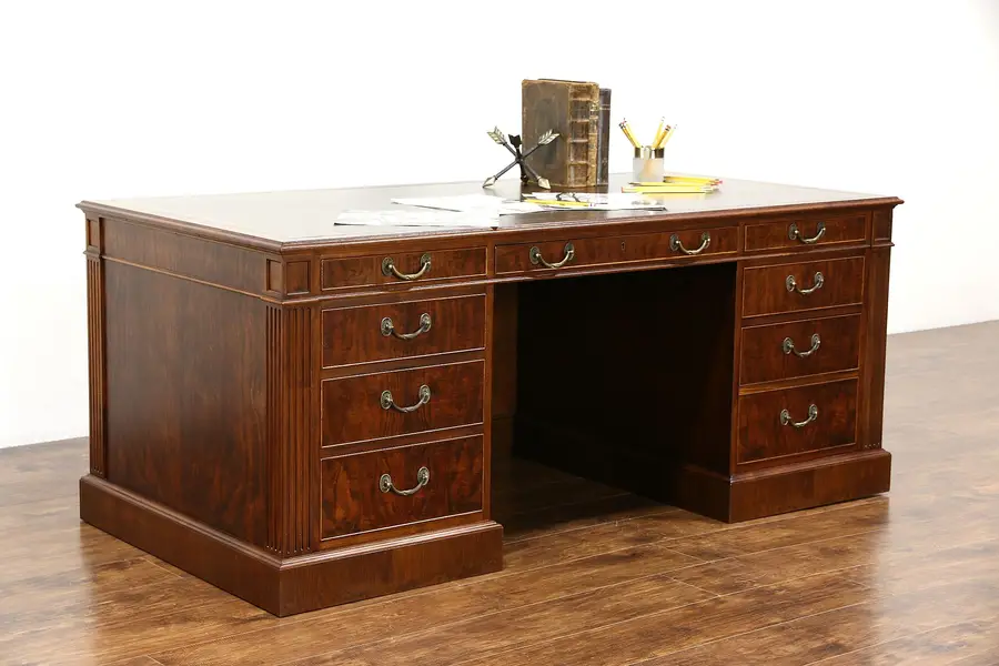 Photo of Traditional Vintage Custom Walnut Executive Office Desk, Leather Top