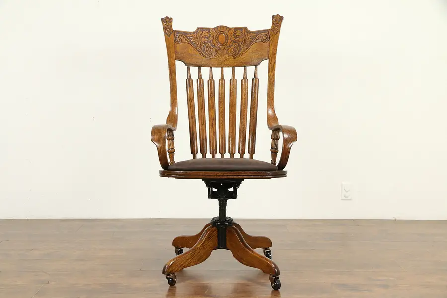 Photo of Victorian Antique Carved Oak Swivel Adjustable Desk Chair, Leather