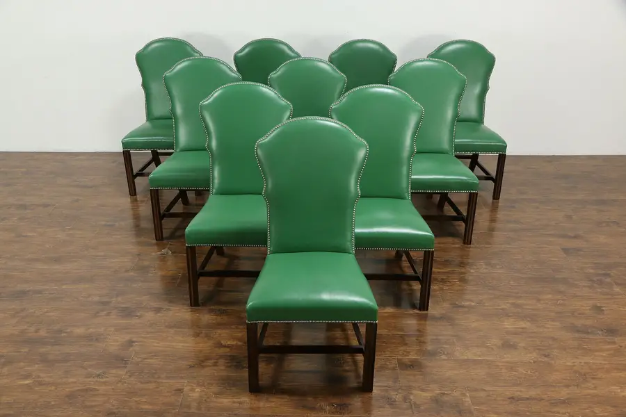Photo of Set of 10 Large Mahogany & Leather Dining or Boardroom Chairs, Henredon