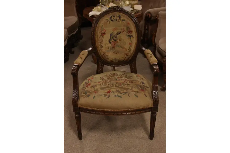 Photo of French Carved Fruitwood Armchair with Needlepoint