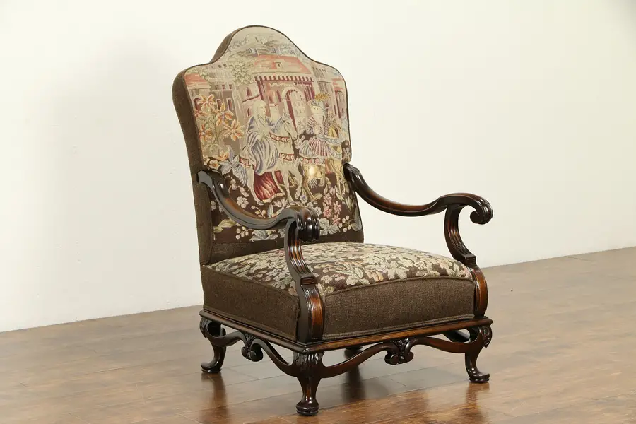 Photo of Mahogany Carved Antique Chair, Worn Needlepoint & Petit Point Upholstery