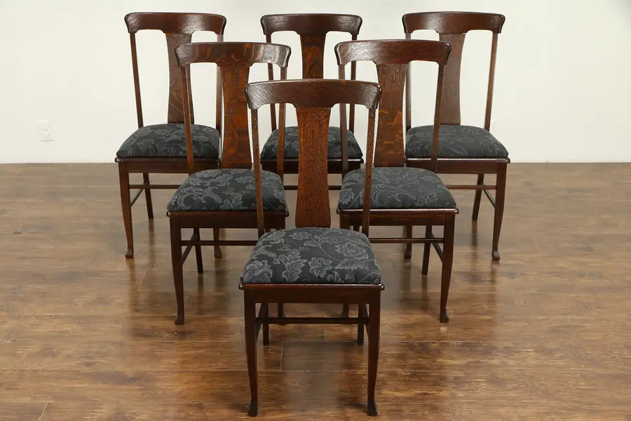 Photo of Oak Quarter Sawn Set of 6 Antique Dining Chairs, New Upholstery