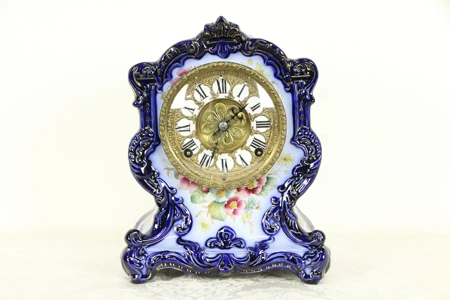 Photo of Victorian Cobalt Blue Porcelain Antique 1895 Hand Painted China Clock
