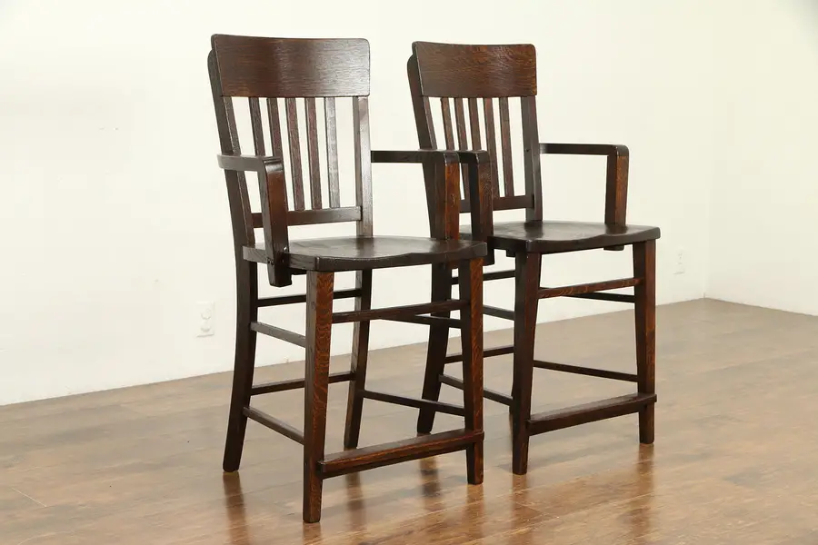 Photo of Pair of Antique Quarter Sawn Oak Craftsman Billiard or Pool Hall Chairs