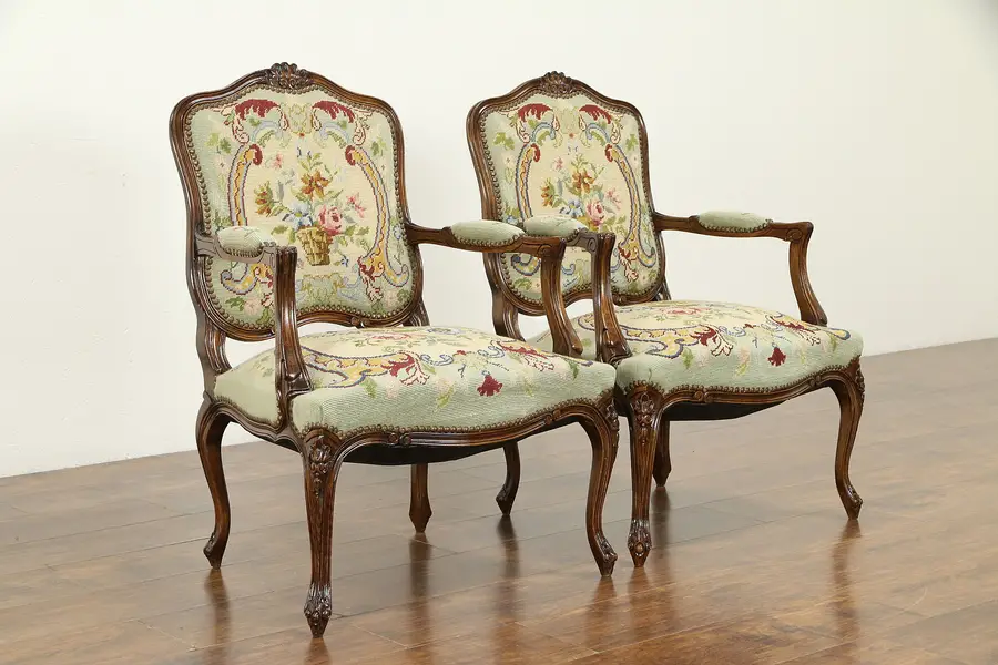 Photo of Pair of French Carved 1930's Vintage Chairs, Needlepoint Upholstery