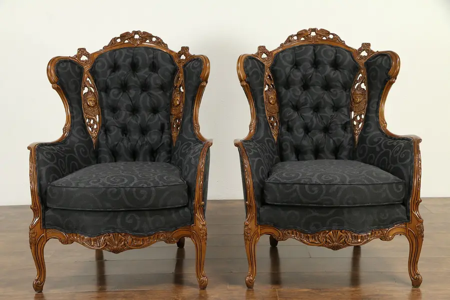 Photo of Pair of Vintage Wing Chairs, Carved Lovebirds & Angels, New Upholstery
