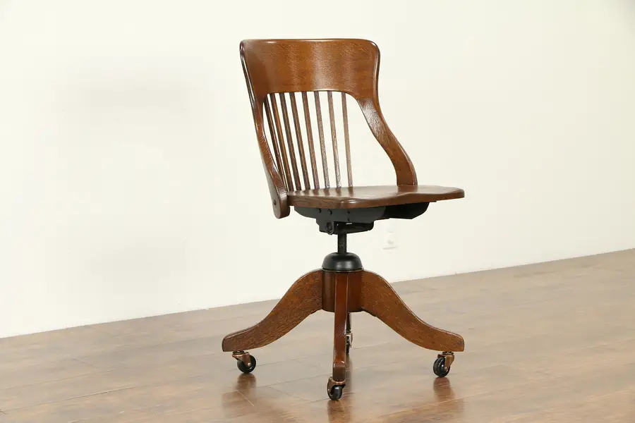 Photo of Oak Quarter Sawn Antique Swivel Adjustable Library or Office Desk Chair