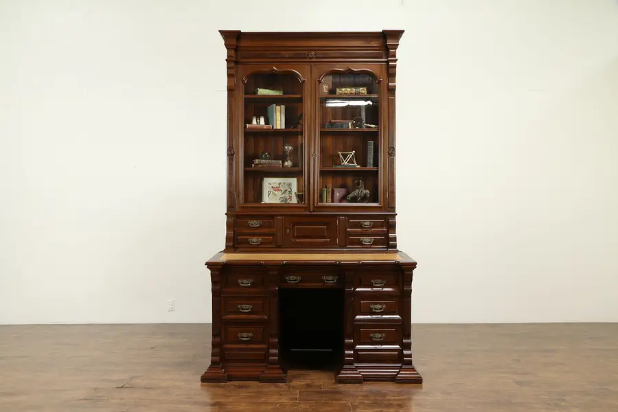 Photo of Victorian Antique Walnut Library Desk & Bookcase, Signed Bitten 1887