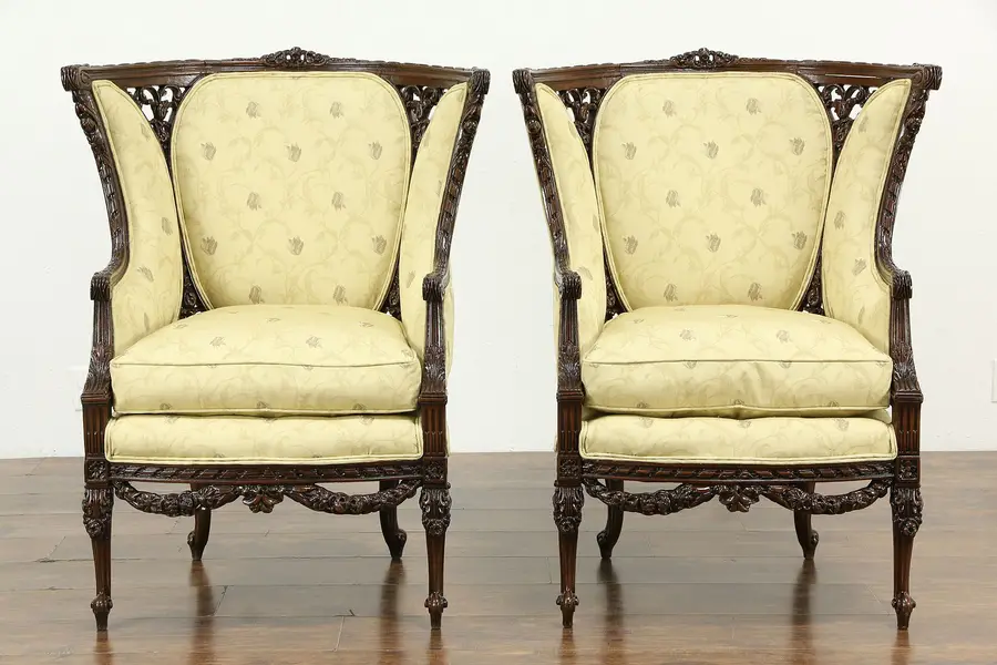 Photo of Pair of Vintage Regency Carved Wing Chairs, New Upholstery