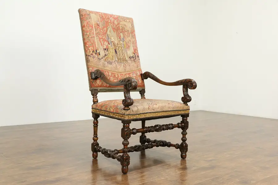 Photo of Carved Walnut Antique French Throne or Hall Chair, Unicorn Tapestry