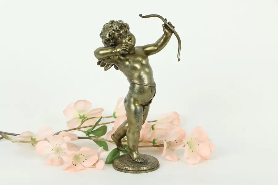 Photo of Cupid Angel Shooting His Bow, Antique Sculpture Signed Aug. Moreau