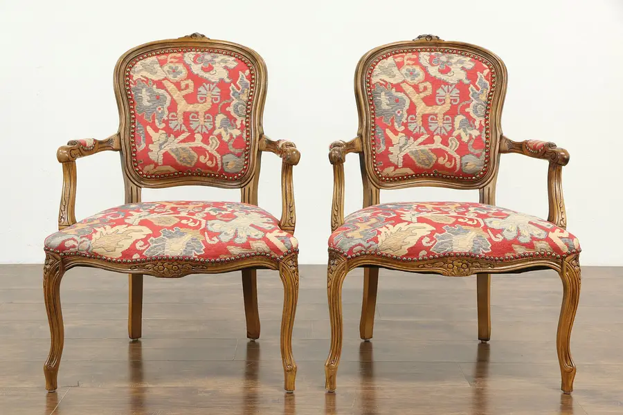 Photo of Pair of French Style Carved Vintage Chairs, Recent Upholstery
