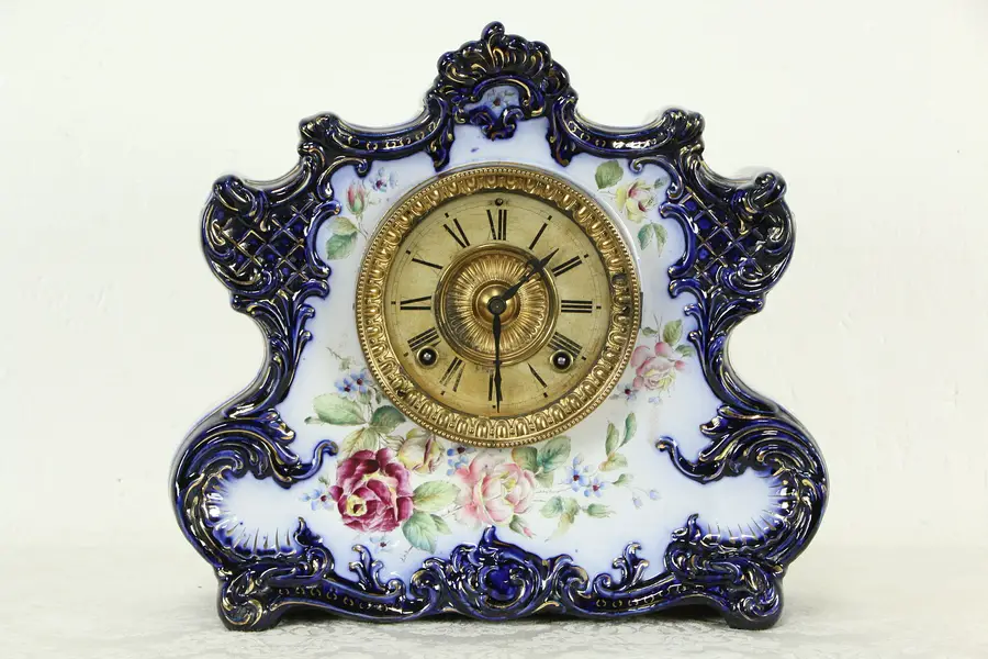 Photo of Ansonia Dresden Victorian Cobalt Blue Porcelain Antique China Clock #289